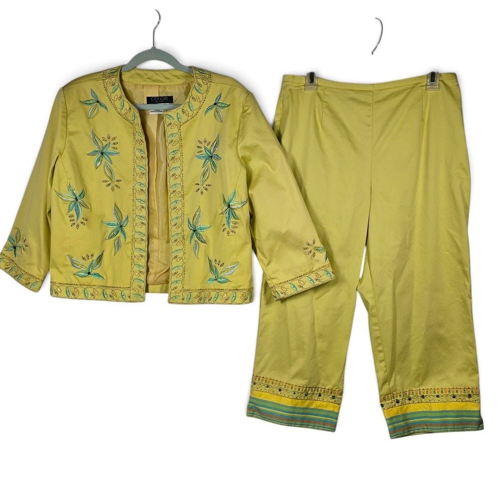 City Girl Nancy Bolen Blazer Pant Set Med Lime Green Floral Beaded Embroidered